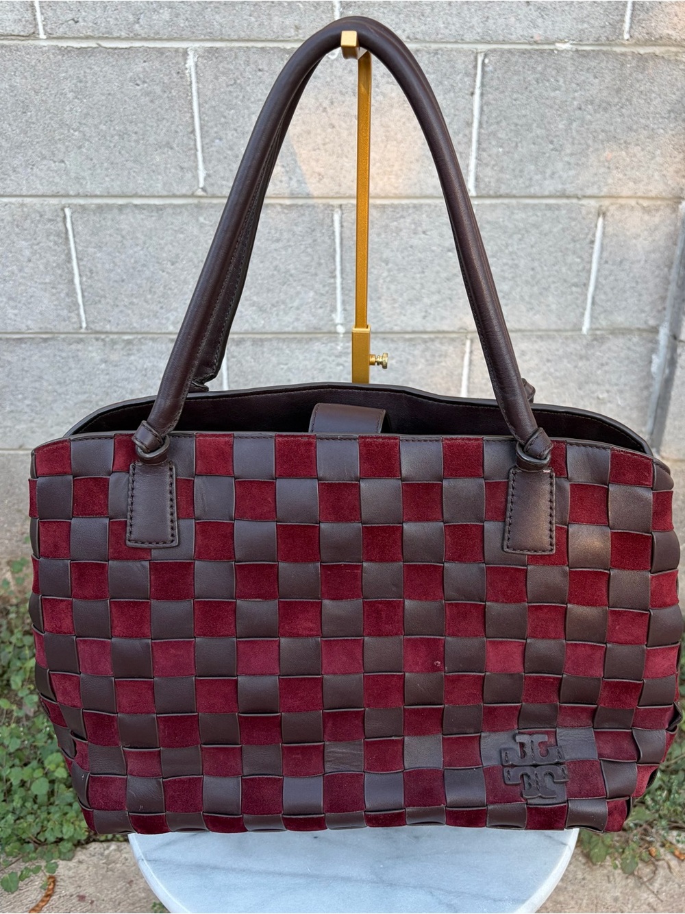 Tory Burch McGraw Woven Leather & Suede Satchel Tote Bag Burgundy